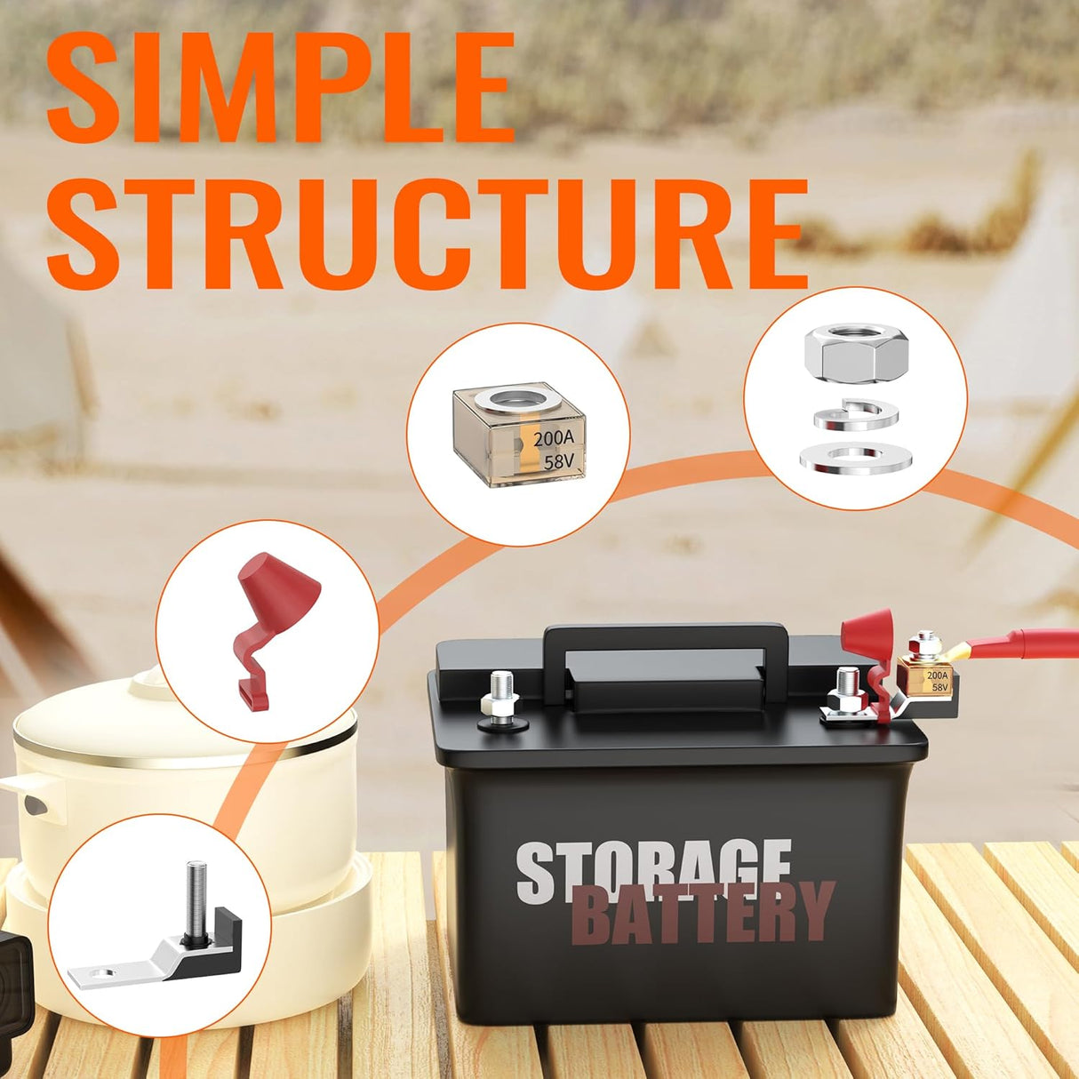 Battery Terminal Fuse Block Kit 200A 58V Mrbf Terminal Fuse Block with Single Stud 5/16"(M8) Marine Rated Battery Fuse and Waterproof Cap for Boat Truck RV Construction Vehicles