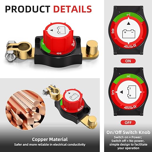 Top Post Battery Disconnect Switch 12V-48V Battery Disconnect Switch Negative On/Off Battery Kill Switch for Car Marine RV Boat ATV UTV Vehicles
