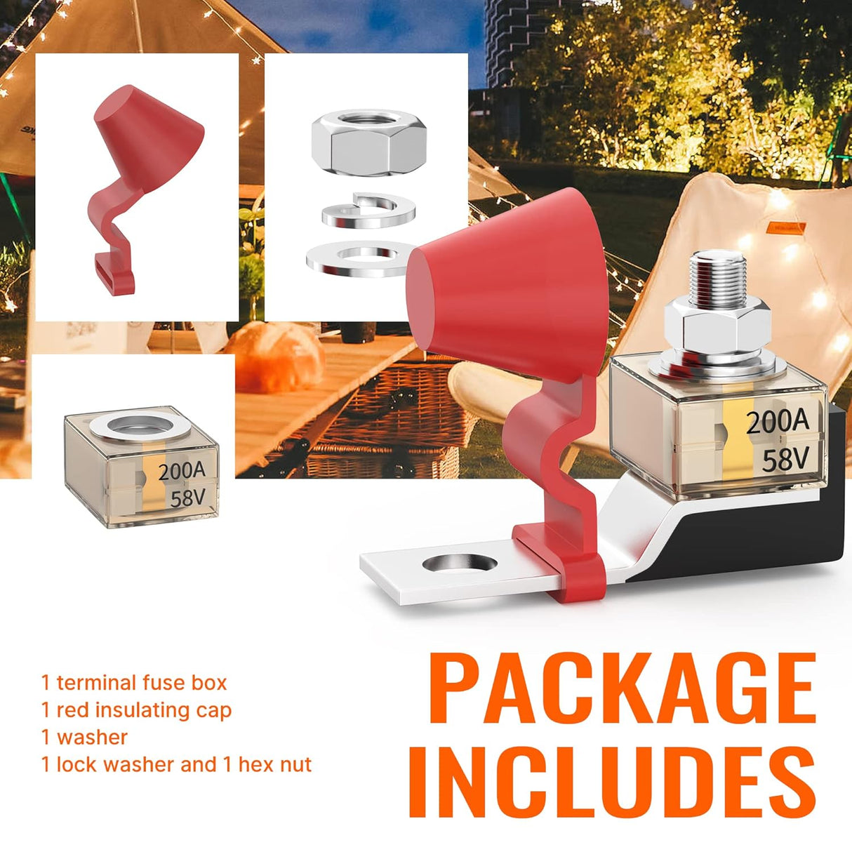 Battery Terminal Fuse Block Kit 200A 58V Mrbf Terminal Fuse Block with Single Stud 5/16"(M8) Marine Rated Battery Fuse and Waterproof Cap for Boat Truck RV Construction Vehicles