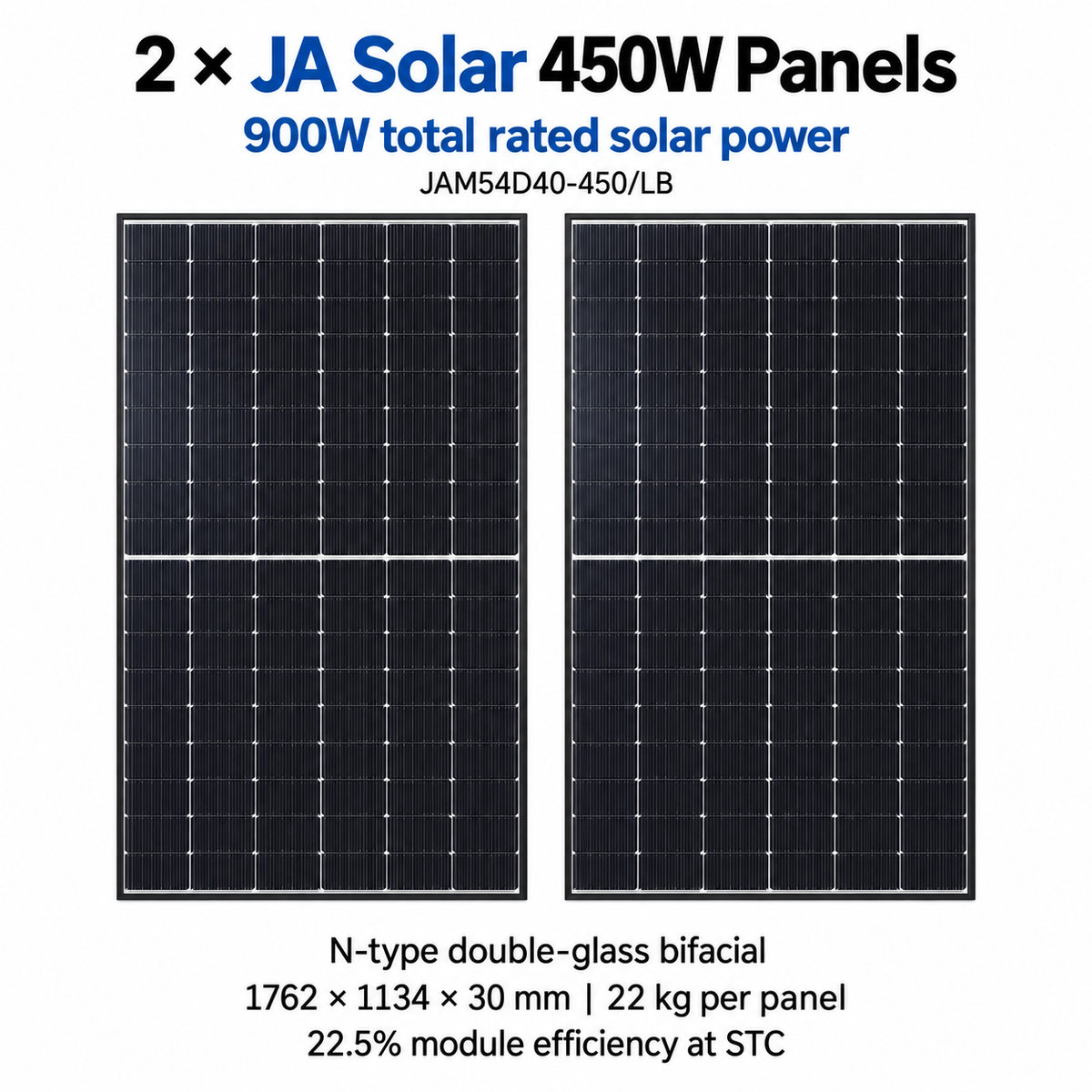 Two JA Solar JAM54D40-450/LB 450W panels, 900W total; dimensions and specifications