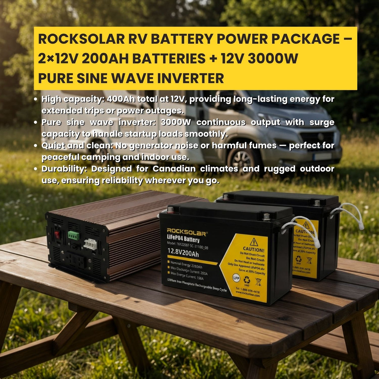 RockSolar RV battery power package with batteries and inverter on a picnic table outdoors.