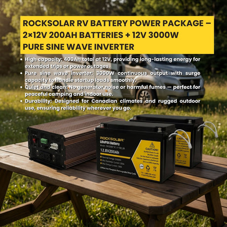 Rocksolar RV Battery Power Package – 2×12V 200Ah Batteries + Free 12V 3000W Pure Sine Wave Inverter