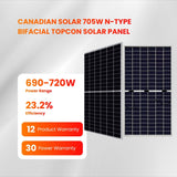 Panel solar bifacial TOPCon tipo N de 705 W de Canadian Solar, 31 unidades por palé (fabricado en EE. UU.), $0,396/W