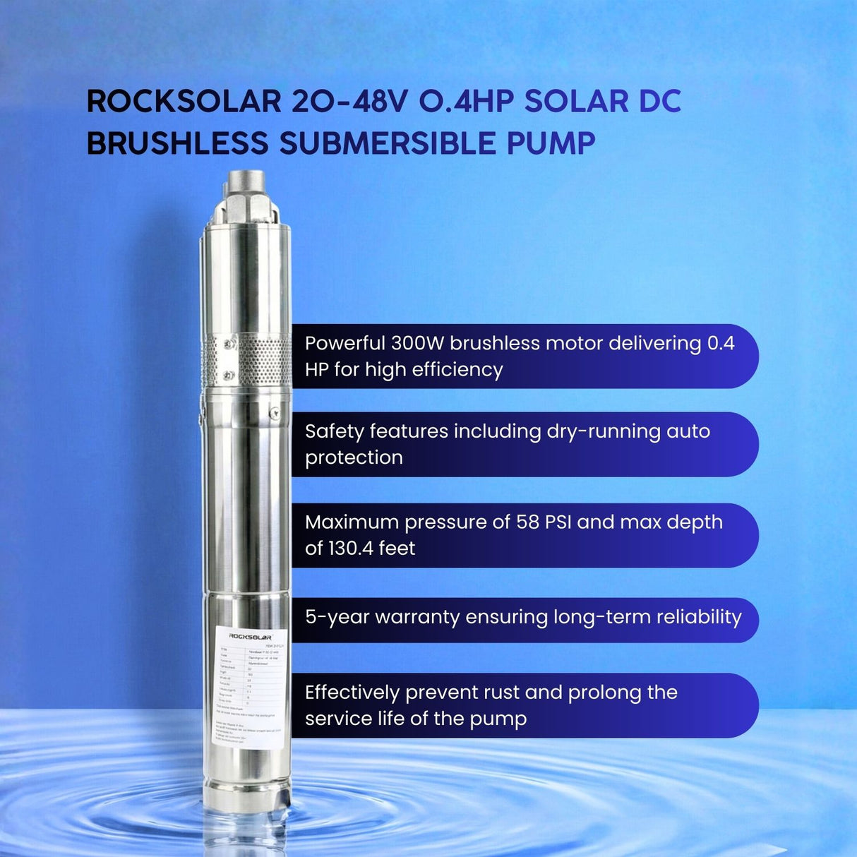 Rocksolar 20-40V 0.4HP Solar DC Brushless Submersible Pump with Built in Controller