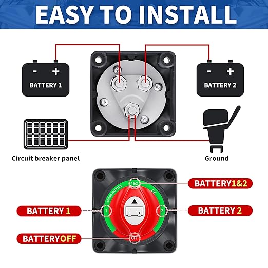 1-2-Both-Off Battery Disconnect Switch 12V-48V 200A Waterproof Dual Battery Kill Switch Heavy Duty Battery Isolator Switch for Marine Boat Car RV ATV UTV Vehicles