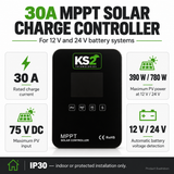 ROCKSOLAR 30A MPPT Solar Charge Controller — specification illustration based on the product listing
