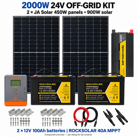 2000W 24V kit: two JA Solar 450W panels and two R-T12100B 100Ah batteries.