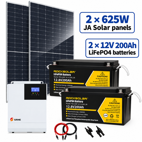 ROCKSOLAR 3000W 24V kit with two 625W JA Solar panels and two 12V 200Ah LiFePO4 batteries