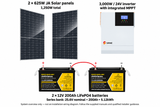 3000W kit overview: two 625W JA Solar panels and two 12V 200Ah batteries in series, 5.12kWh nominal storage; not an installation diagram