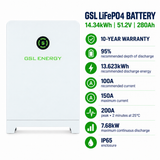 GSL 14.34kWh battery with integrated white base and 10-year warranty specifications