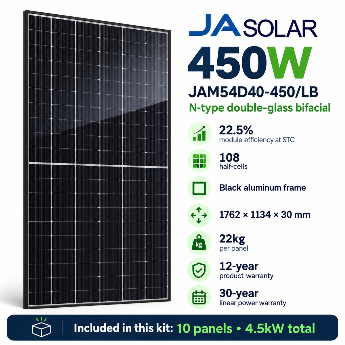 JA Solar JAM54D40-450/LB 450W panel features; kit includes ten panels