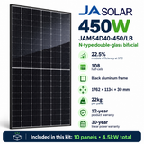 JA Solar JAM54D40-450/LB 450W panel features; kit includes ten panels