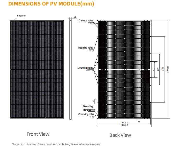 dimension chart of pv module 585w 