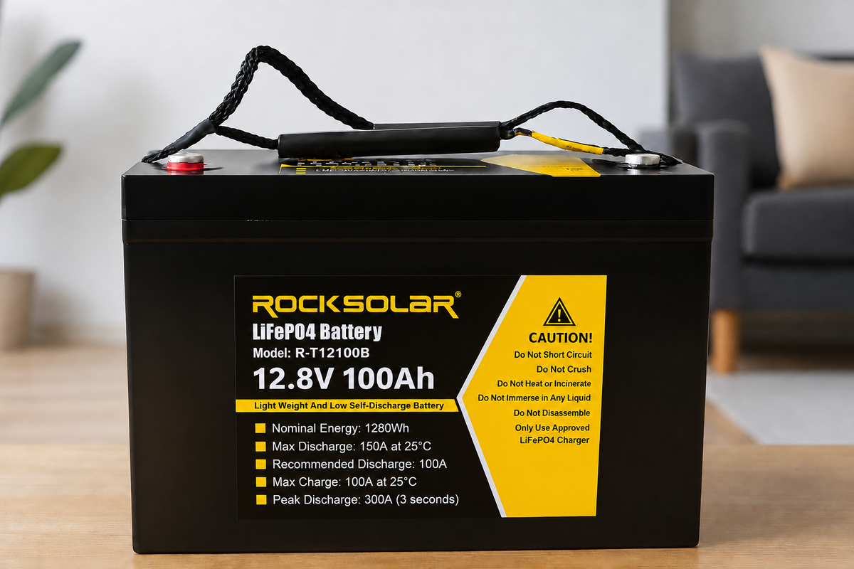 ROCKSOLAR R-T12100B 100Ah battery — front view, 150A maximum discharge at 25°C