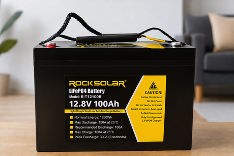 ROCKSOLAR R-T12100B 100Ah battery — front view, 150A maximum discharge at 25°C