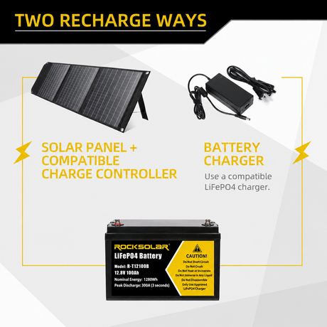 ROCKSOLAR R-T12100B 12.8V 100Ah battery — compatible charging options