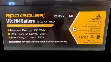 ROCKSOLAR R-T12200B 12.8V 200Ah LiFePO4 battery label close-up