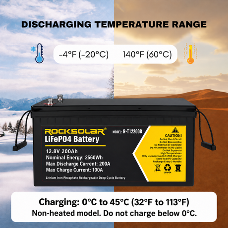 R-T12200B non-heated battery: discharge −20°C to 60°C; charge 0°C to 45°C; do not charge below 0°C