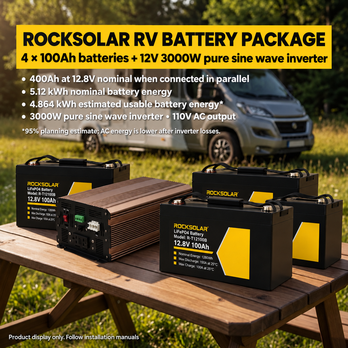 Four R-T12100B 100Ah batteries with 3000W 110V AC inverter; 5.12 kWh nominal, 4.864 kWh estimated usable.