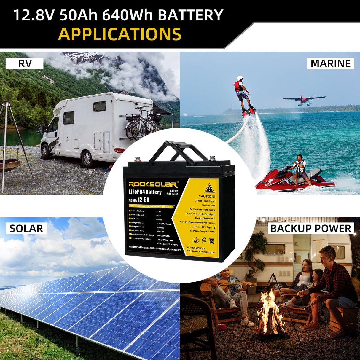 LiTime 12V 50Ah Lithium Battery- 640Wh Energy, Marine, RV, Fish Finder  Battery